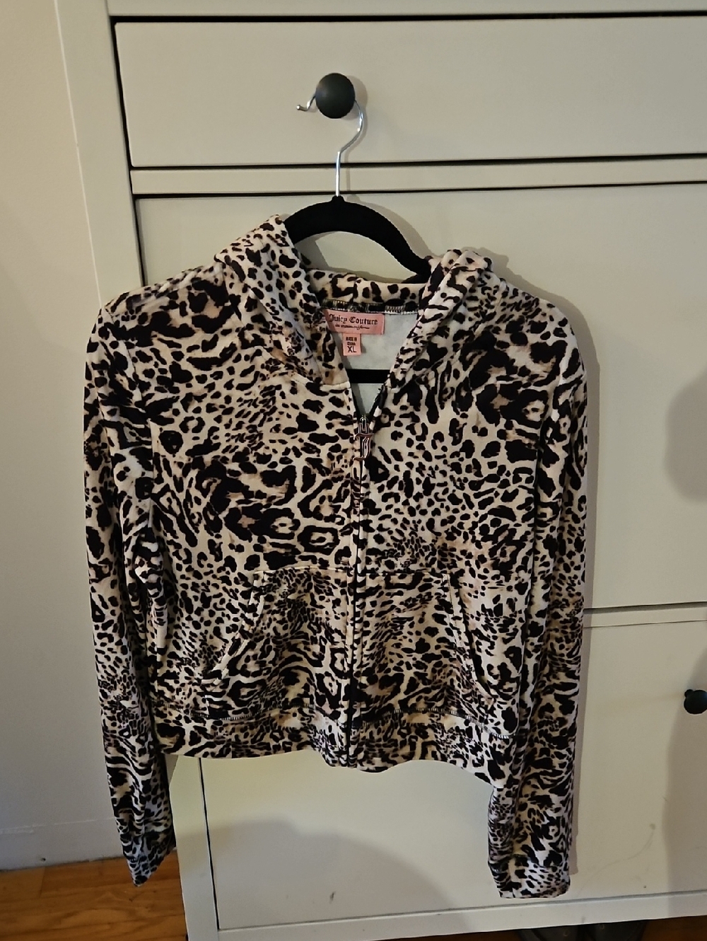 Juicy Couture Leopard Velour Zip Hoodie - Cream & Black Y2K